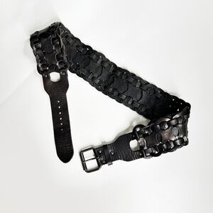 Wide Woven Dark Brown Genuine Leather Belt